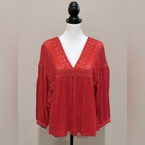 Oddy Red Swiss Dot V-Neck Blouse